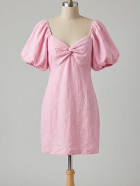 Linen Lux Australia Pink Linen‎ Puff Sleeve Dress Pastel Dainty Womens 8